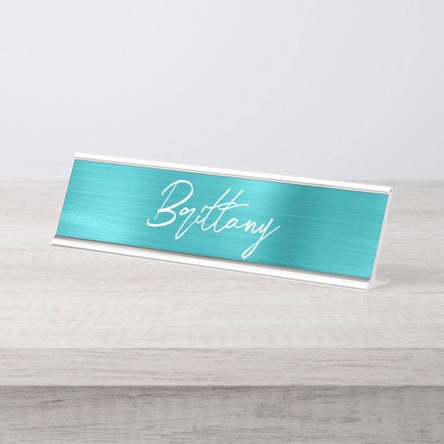 Türkis Blue Foil Modern Pinselschrift Vorname Schreibtischnamensplakette (Vorderseite )