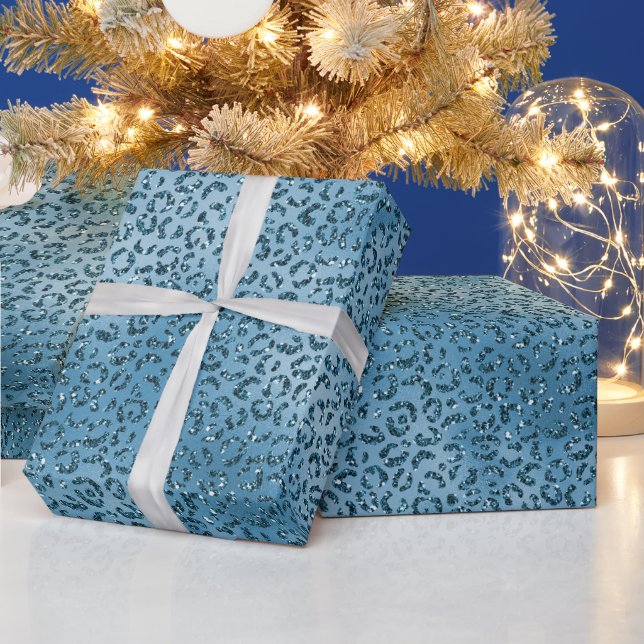 Türkis Blue Glitzer Leopard Print Geschenkpapier (Feiertage)