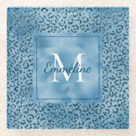 Türkis Blue Glitzer Leopard Print Monogram Glasuntersetzer