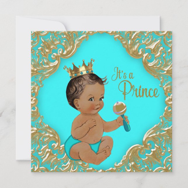Türkis Blue Gold Ethnic Prince Baby Dusche Einladung (Vorderseite)