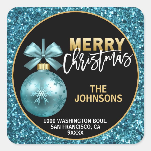 Türkis Blue Gold Glitzer Weihnachtsansprache Quadratischer Aufkleber (Vorderseite)