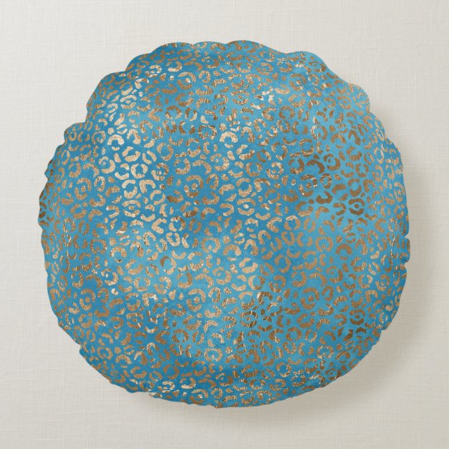 Türkis Blue Gold Leopard Rundes Kissen (Vorderseite)