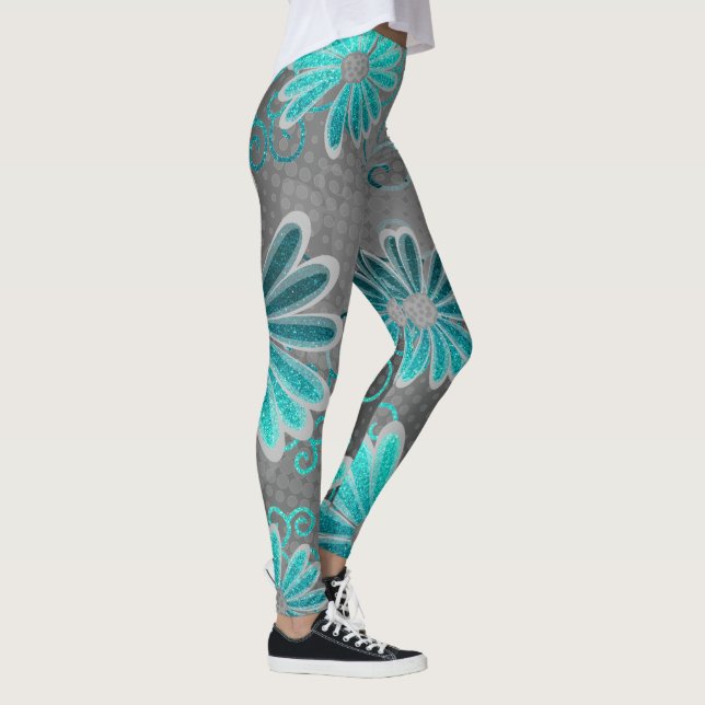 Türkis Blue Gray Ombre Glitzer Daisy Glitzern Leggings (Rechts)