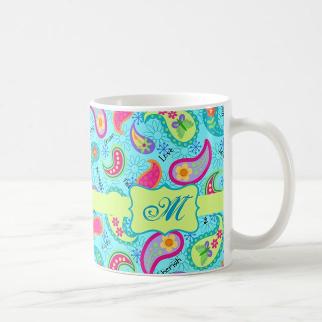 Türkis Blue Green Modern Paisley Monogram Kaffeetasse (Rechts)