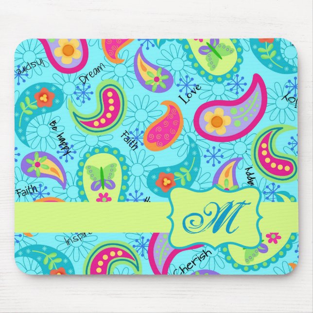 Türkis Blue Green Modern Paisley Monogram Mousepad (Vorne)