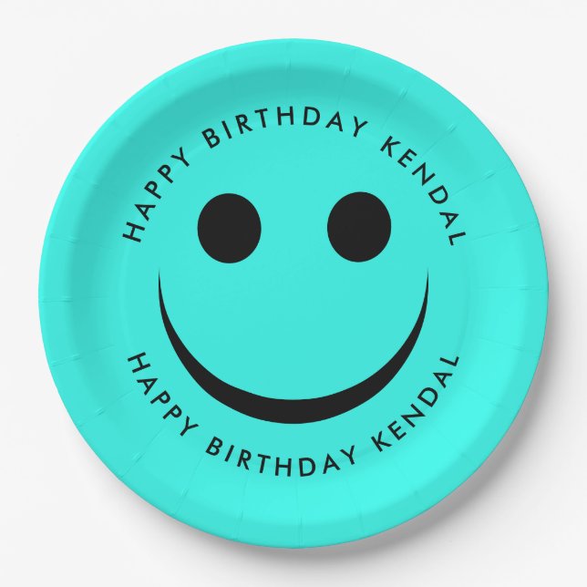 Türkis Blue Happy Face Birthday Paper Teller (Vorderseite)