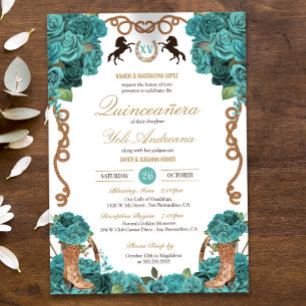 Türkis Blue Rose Western Charro Quinceanera Einladung