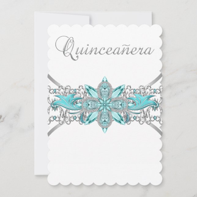 Türkis Blue Silver Quinceanera Einladung (Vorderseite)