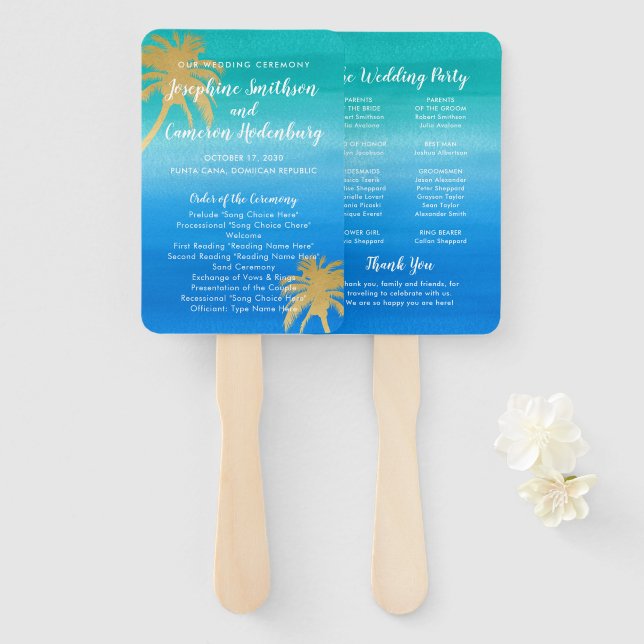 Türkis Blue Watercolor Palm Tree Beach Hochzeit Fächer (Vorne und Hinten)