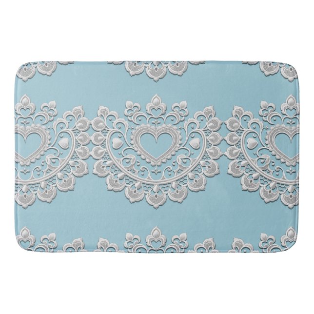 Türkis Blue White Lace Heart Wedding Bridal Badematte (Vorderseite)