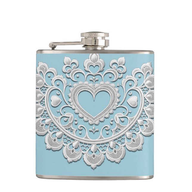 Türkis Blue White Lace Heart Wedding Bridal Flachmann (Vorderseite)