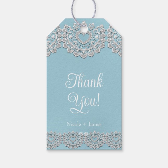 Türkis Blue White Lace Heart Wedding Bridal Geschenkanhänger (Vorderseite)