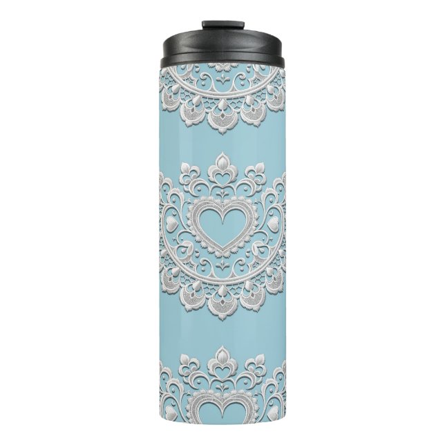 Türkis Blue White Lace Heart Wedding Bridal Thermosbecher (Vorderseite)