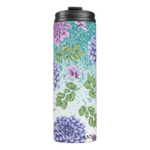 *~* Türkis Blumensukkulter Glitzer Girly  Thermosbecher