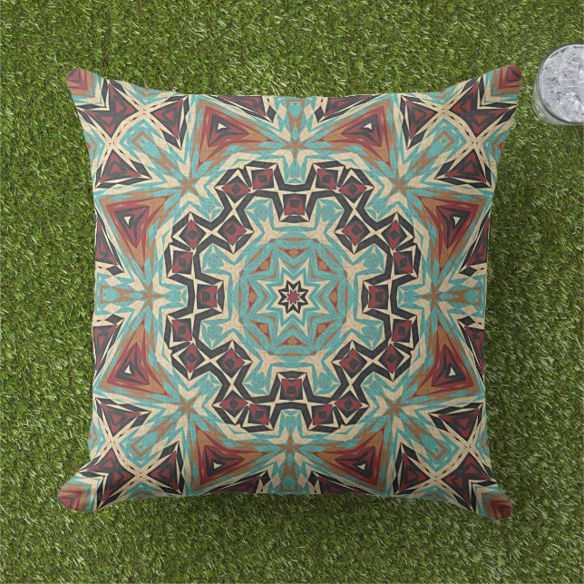 Türkis-Braun Rotes Orange Mandala Kissen (Gras)