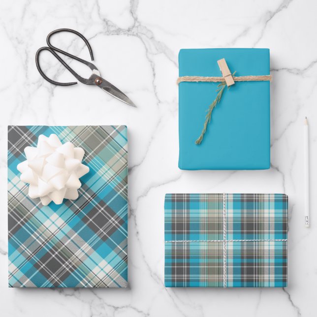 Türkis, Braun und Creme Kariert Geschenkpapier Set (Vorderseite)