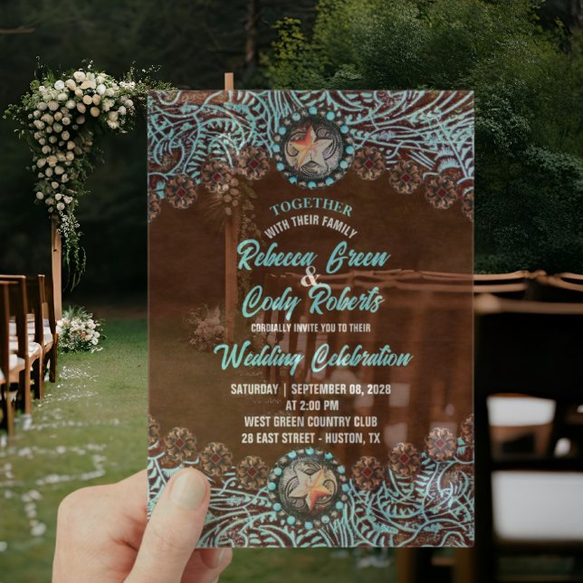 Türkis Brown Cowboy Country Western Hochzeit Acryleinladungen (Turquoise Brown Cowboy Country Western wedding Acrylic Invitations)