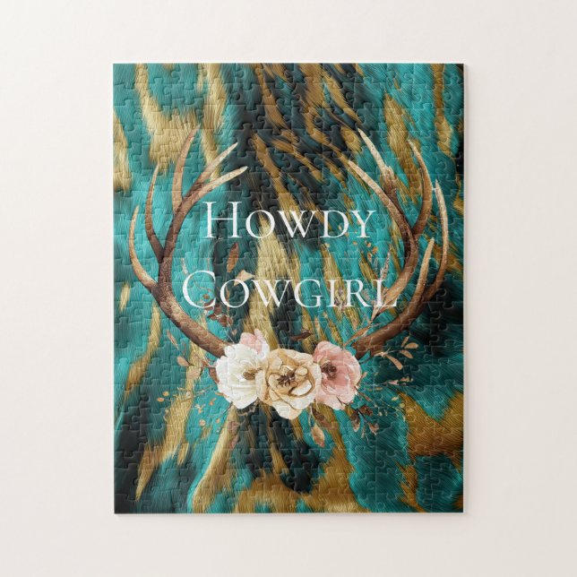 Türkis Brown Gold Cowhide Deer Antlers Floral (Vertikal)