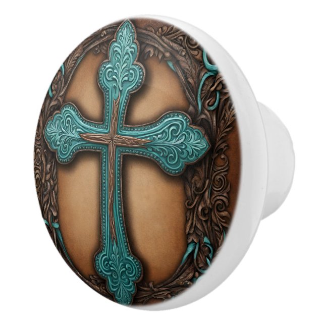 Türkis Brown Religious Western Country Cross Keramikknauf (Rechts)