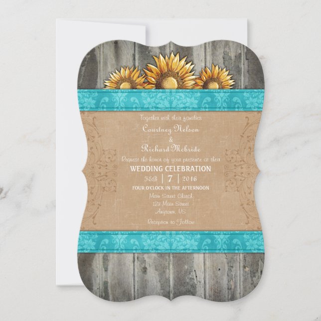 Türkis Brown Rustic Sonnenblumen Hochzeit einladen Einladung (Vorderseite)