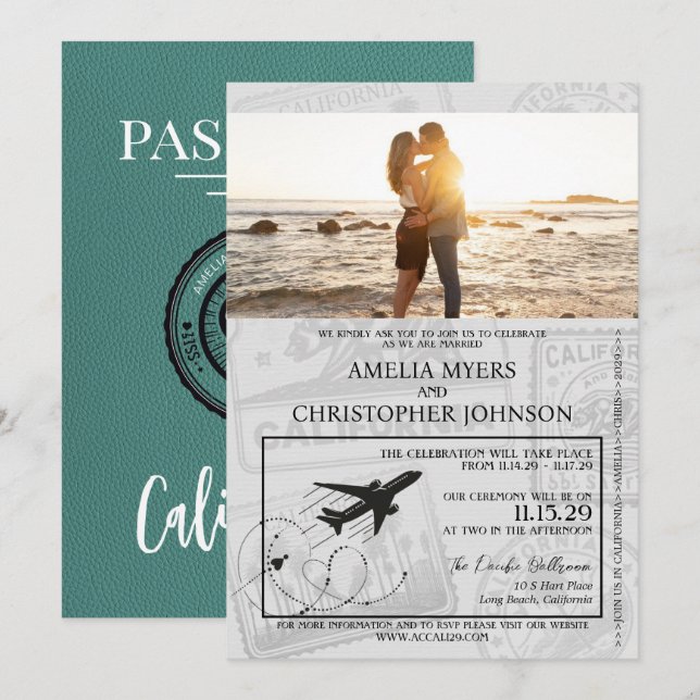 Türkis-California-Passport-Hochzeit Einladung (Vorne/Hinten)