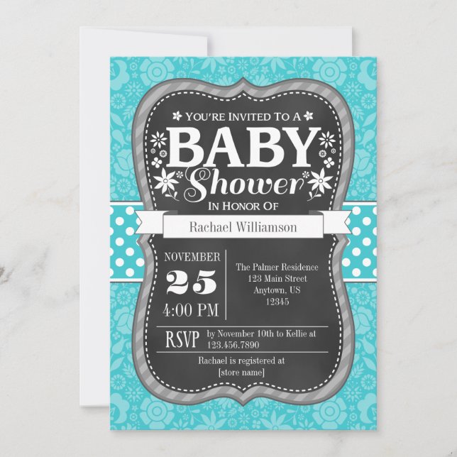 Türkis Chalkboard Floral Baby Dusche einladen Einladung (Vorderseite)