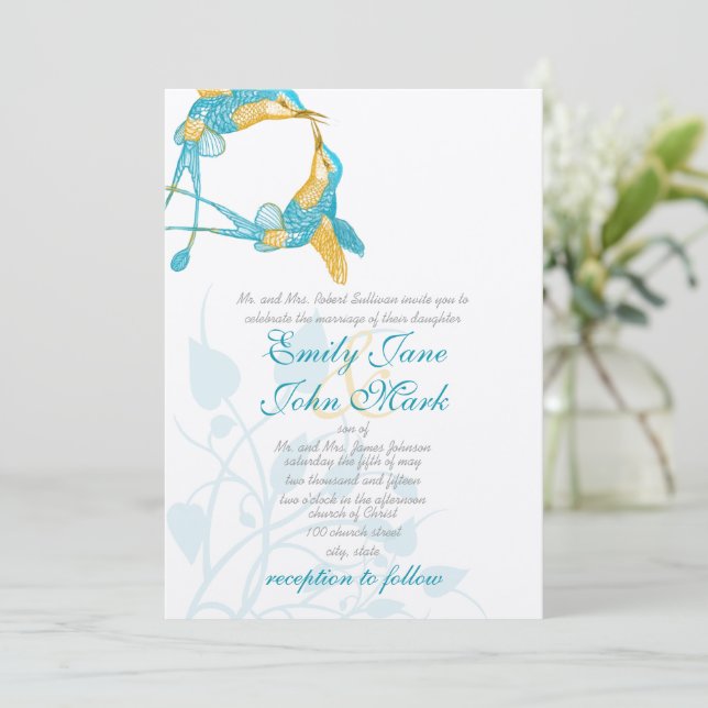 Türkis Citrus Yellow Hummingbird Kiss Wedding Einladung (Stehend Vorderseite)