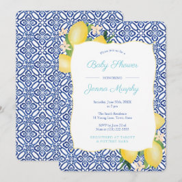 Türkis Classic Blue Tiles Lemons Baby Dusche Einladung
