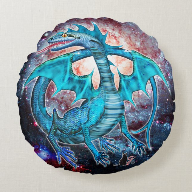 Türkis Cosmic Dragon Rundes Kissen (Vorderseite)