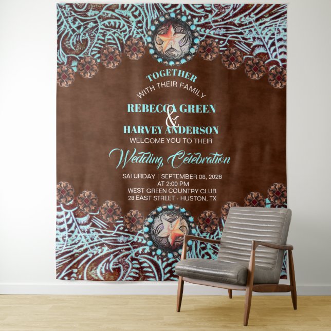 Türkis Cowboy Country Western Hochzeitsvorhang Wandteppich (Beispiel)