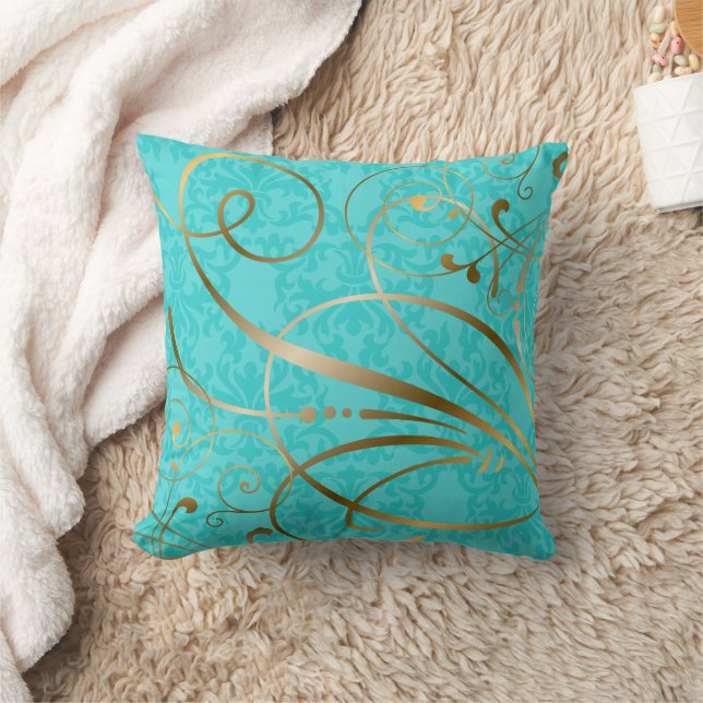 Türkis Damask Gold Wirbel Schnörkel Kissen (Decke)