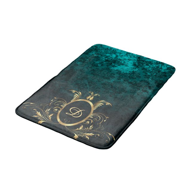 Türkis Damask Goldrahmen Personalisiert Badematte (Schrägansicht)