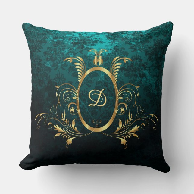 Türkis Damask Goldrahmen Personalisiert Kissen (Vorderseite)