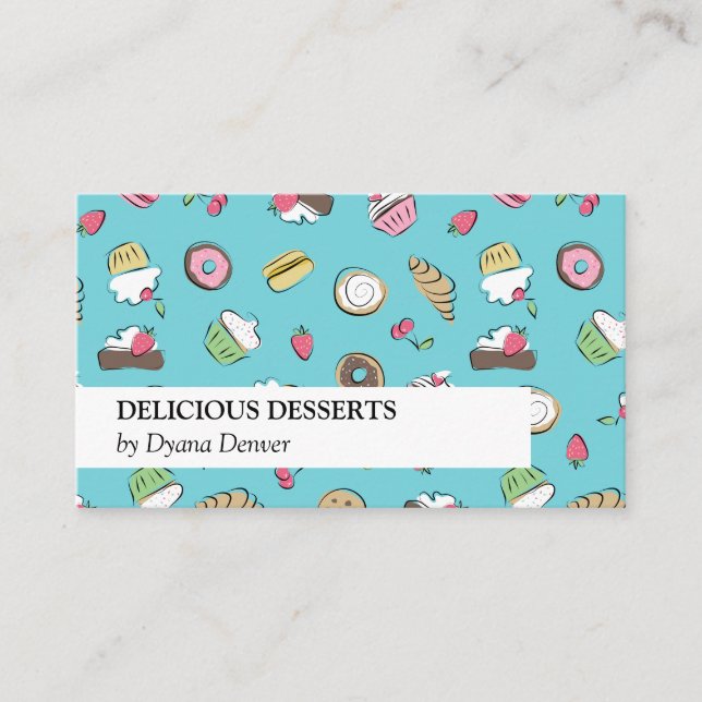 Türkis Dessert Doodles | Bäckerei Visitenkarte (Vorderseite)