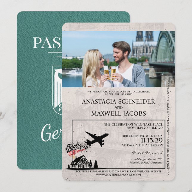 Türkis Deutschland Pass Wedding Einladung (Vorne/Hinten)