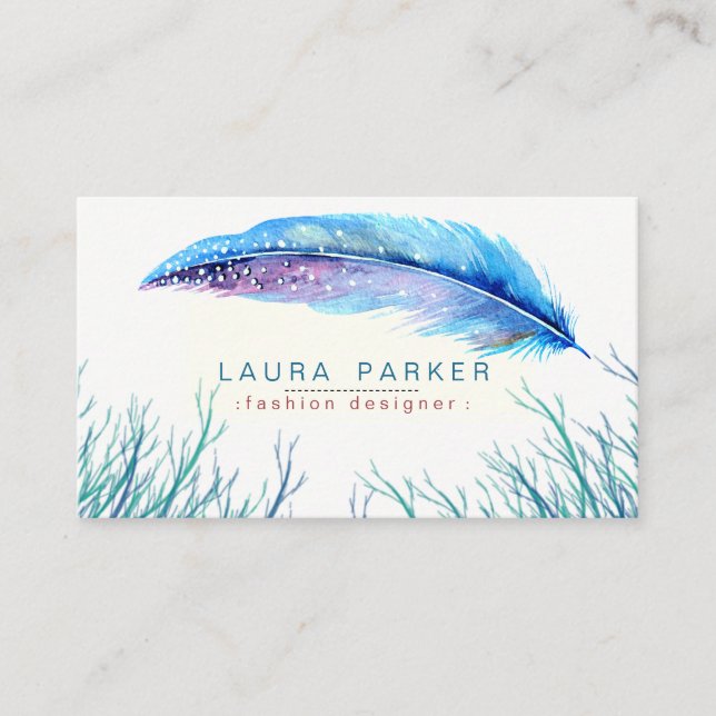 Türkis-Feder-Aquarell Boho Girly Chic Visitenkarte (Vorderseite)