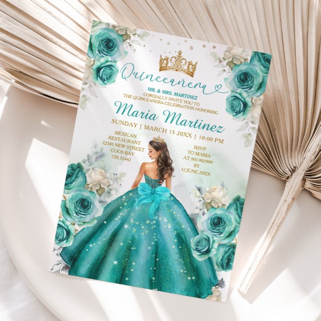 Türkis Floral Princess Gold Crown Quiñceanera Einladung (Von Creator hochgeladen)