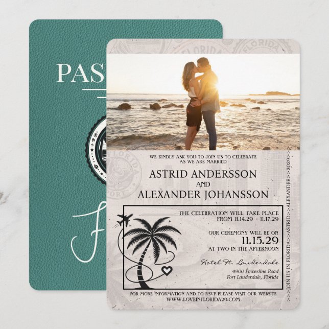 Türkis Florida Passport Hochzeit Einladung (Vorne/Hinten)