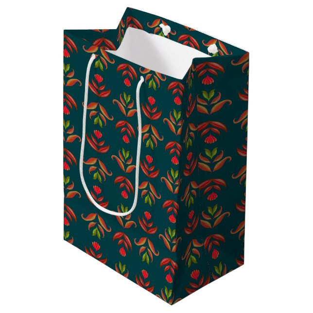 Türkis Folk Kunst Florenz Gemütlicher Rustikaler H Mittlere Geschenktüte (Vorderseite Schrägansicht)