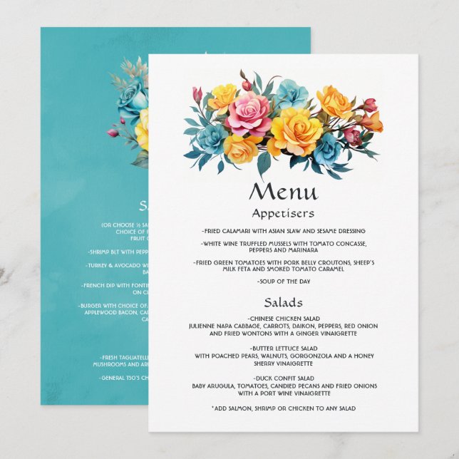 Türkis, Gelb und Rosa Blumenzehen Menükarte (Vorne/Hinten)