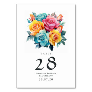 Türkis, Gelb und Rosa Blumenzehen Tischnummer