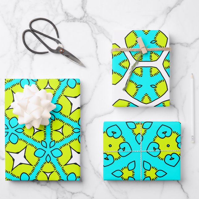 Türkis, gelb, weiß und schwarz geometrisch geschenkpapier set (Vorderseite)