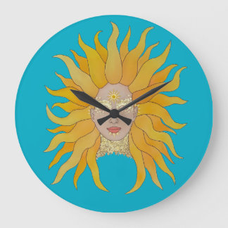 Türkis gelbe goldene Sonne inspiriert Große Wanduhr