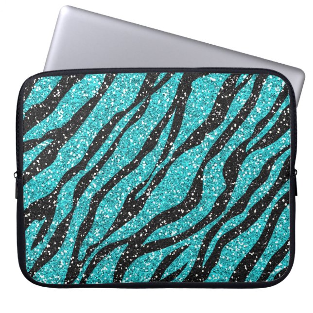 Türkis Glitzer Zebra Print Laptopschutzhülle (Vorderseite)