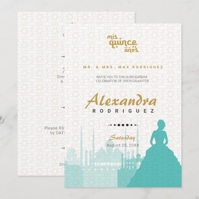 Türkis & Gold Arabian Quinceñera Foto (Vorne/Hinten)