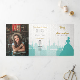 Türkis & Gold Arabian Quinceñera Foto Dreifach Gefaltete Einladung
