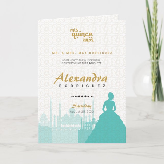 Türkis & Gold Arabian Quinceñera Foto Einladung (Vorderseite)