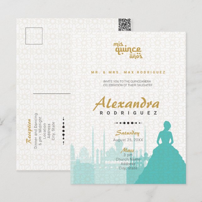 Türkis & Gold Arabian Quinceñera Foto Postcar Postkarte (Vorne/Hinten)