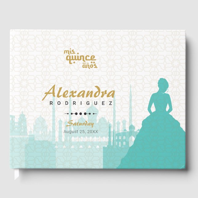Türkis & Gold Arabian Quinceñera Gästebuch (Vorderseite)