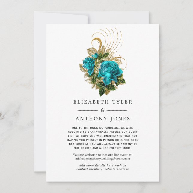 Türkis & Gold Floral Reduced Wedding Guest List Ankündigung (Vorderseite)